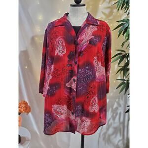 Maggie Barnes Vtg Sheer Paisley Sparkle Stripe Blouse Womens Plus Size 20W Red